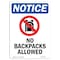 Signmission OSHA Notice, 7" Height, No Backpacks Allowed Sign With Symbol, 7" X 5", Portrait OS-NS-D-57-V-14388 - alternate 1